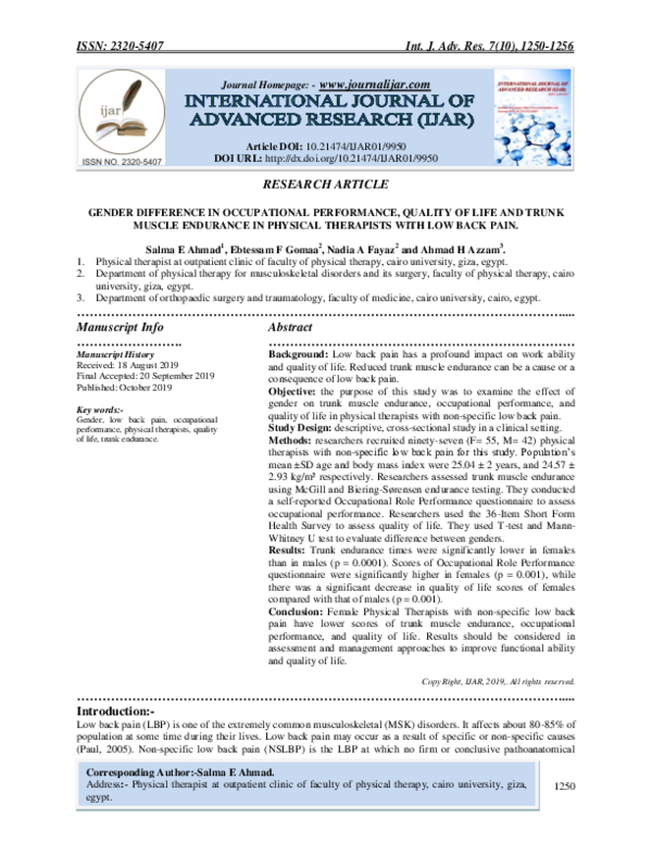 (PDF) Gender Difference in Occupational Performance, Quality of Life ...