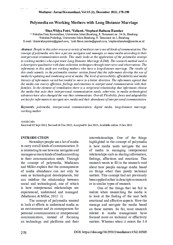 (PDF) Polymedia on Working Mothers with Long Distance Marriage