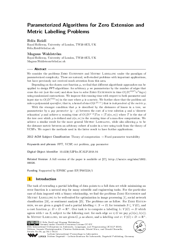 (PDF) Parameterized Algorithms for Zero Extension and Metric Labelling ...