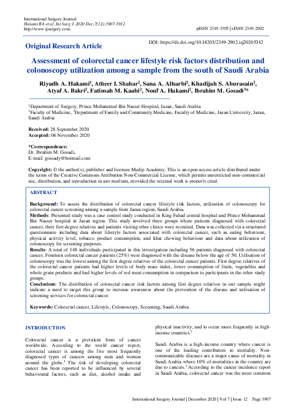 (PDF) Assessment of colorectal cancer lifestyle risk factors ...