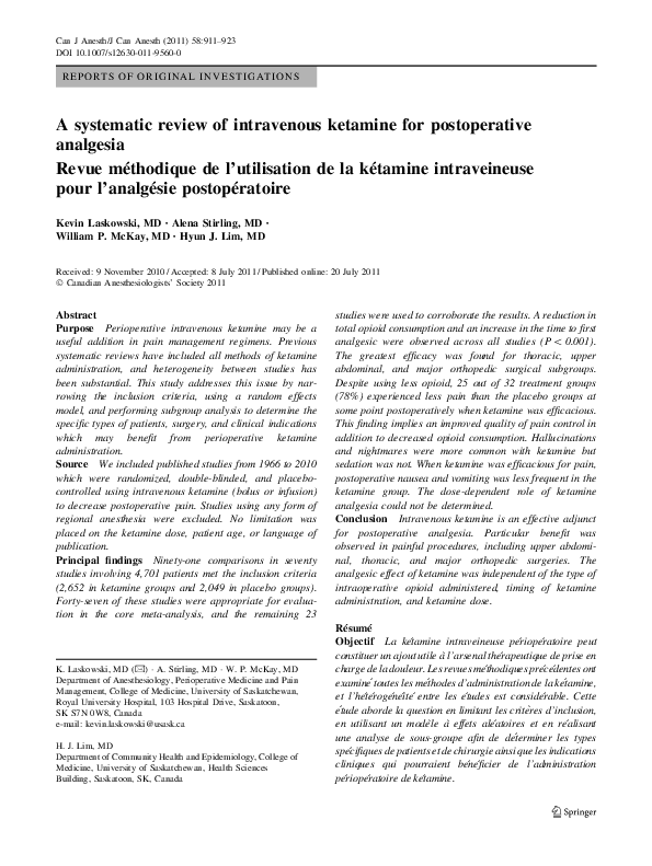 (PDF) A systematic review of intravenous ketamine for postoperative ...