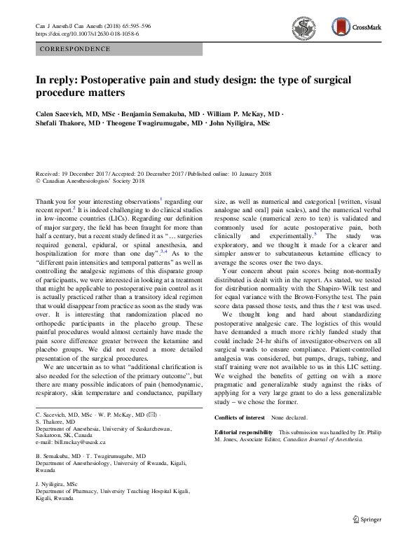 (PDF) In reply: Postoperative pain and study design: the type of ...