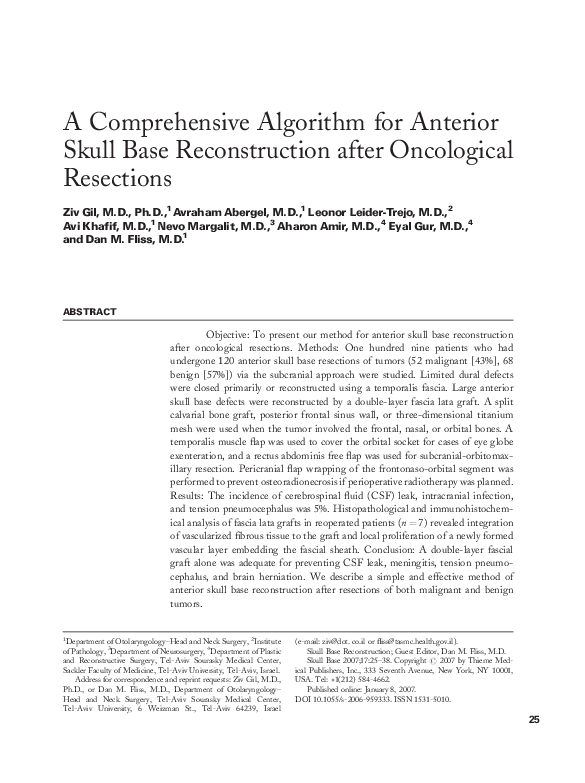 (PDF) A Comprehensive Algorithm for Anterior Skull Base Reconstruction ...