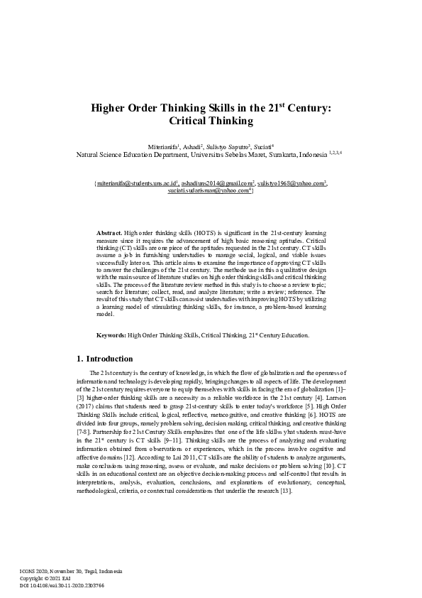 (PDF) Higher Order Thinking Skills in the 21st Century: Critical Thinking