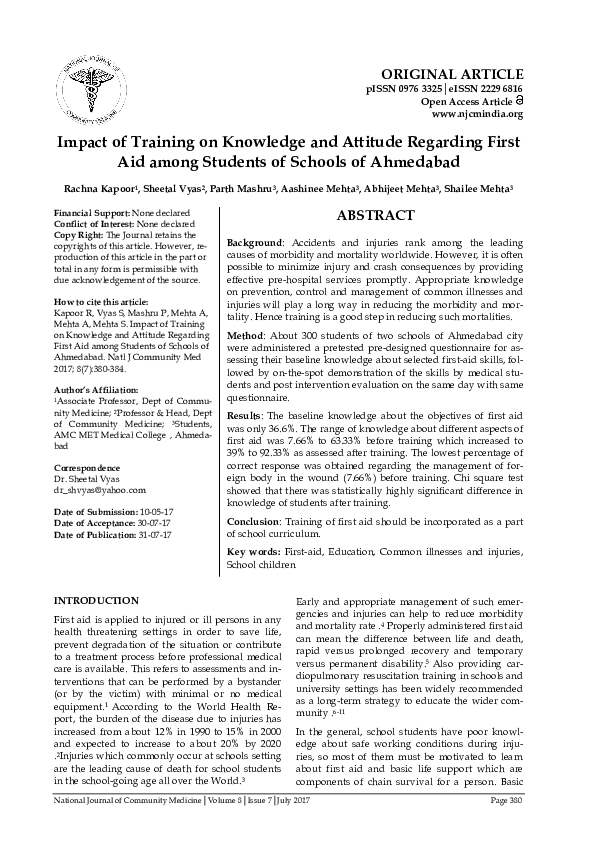 (PDF) Impact of Training on Knowledge and Attitude Regarding First Aid ...