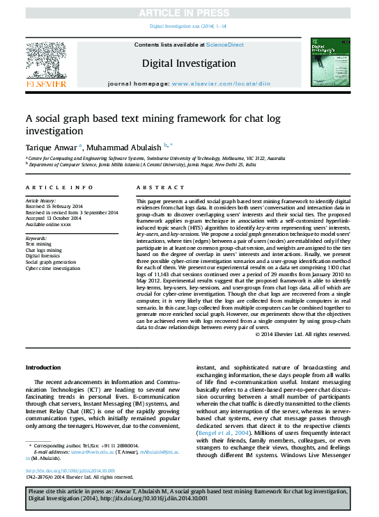 (PDF) A social graph based text mining framework for chat log investigation