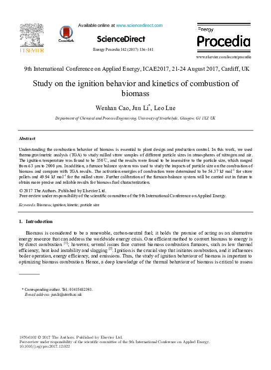 (PDF) Study on the ignition behavior and kinetics of combustion of biomass