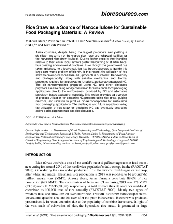 (PDF) Rice straw as a source of nanocellulose for sustainable food