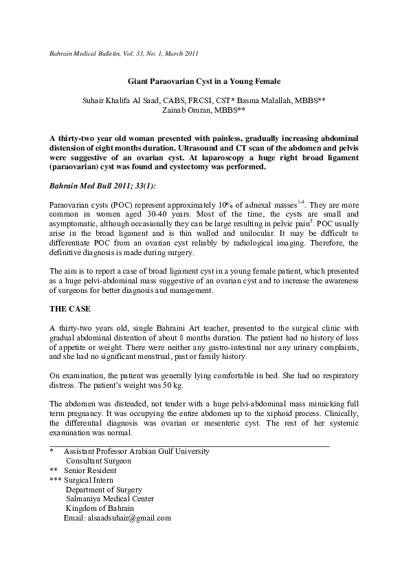 (PDF) Giant Paraovarian Cyst in a Young Female