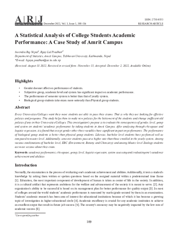 (PDF) A Statistical Analysis of College Students Academic Performance ...