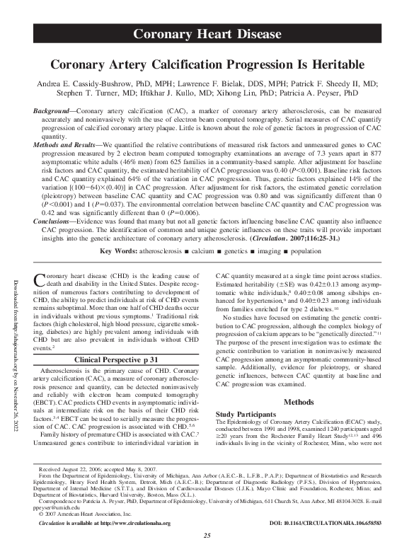 (PDF) Coronary Artery Calcification Progression Is Heritable