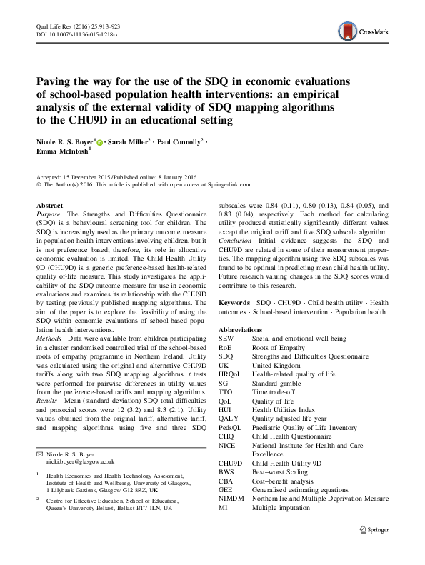 (PDF) Paving the way for the use of the SDQ in economic evaluations of ...