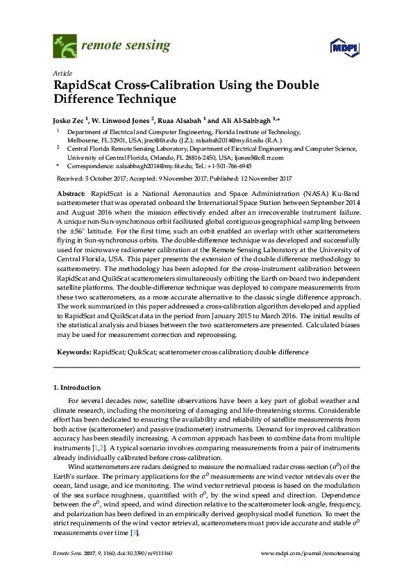 (PDF) RapidScat Cross-Calibration Using the Double Difference Technique