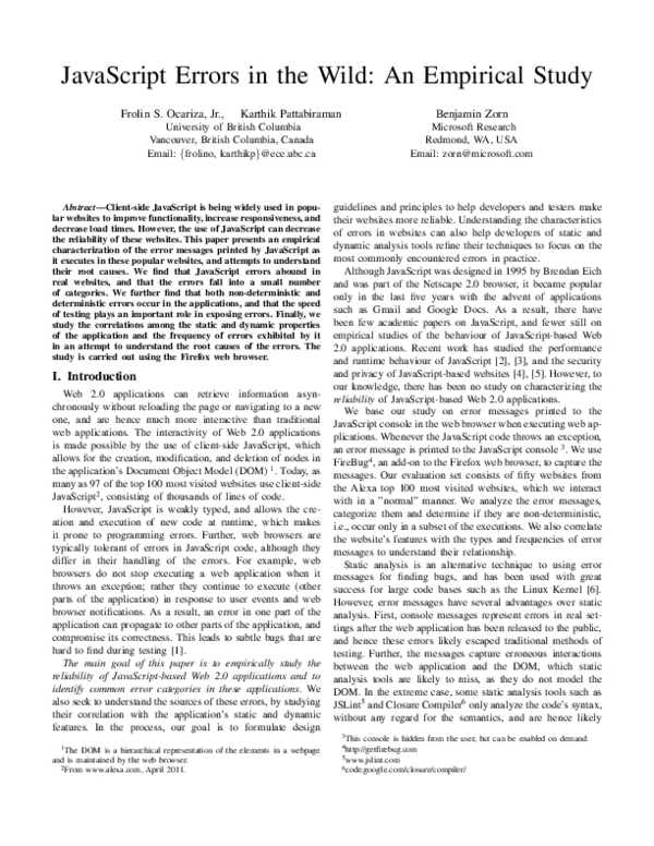 (PDF) JavaScript Errors in the Wild: An Empirical Study