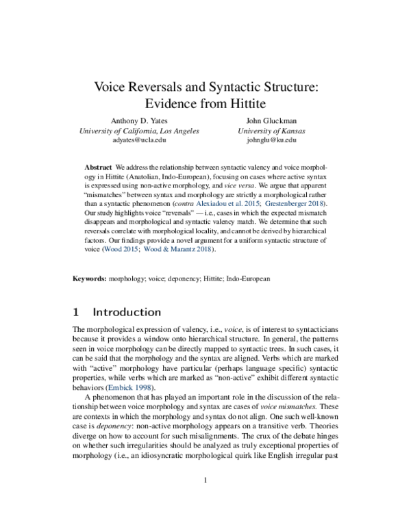 (PDF) Voice Reversals and Syntactic Structure: Evidence from Hittite