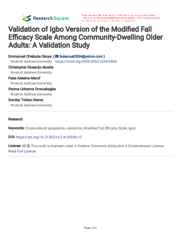 Validation of Igbo Version of the Modified Fall Efficacy Scale Among ...