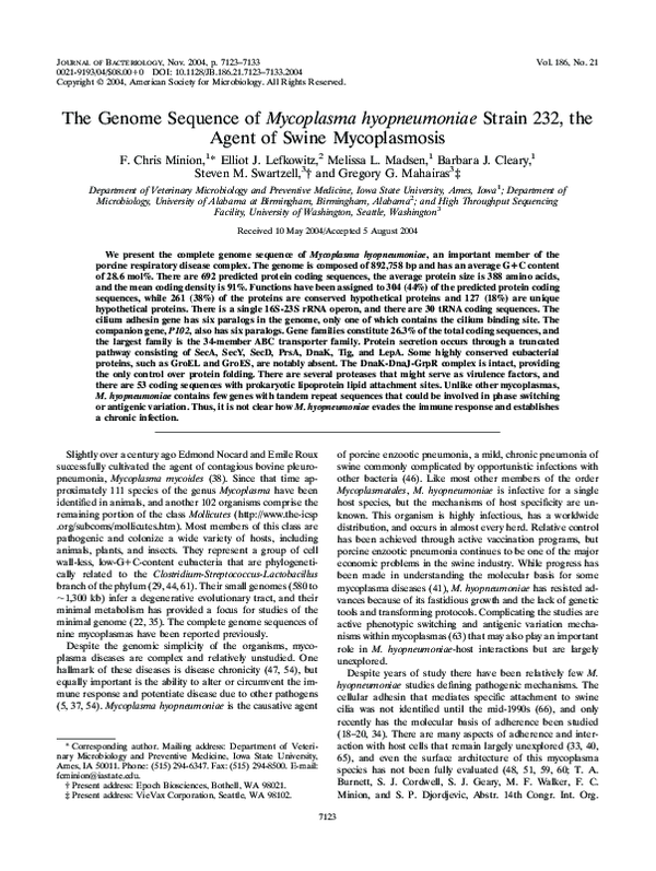 (PDF) The Genome Sequence of Mycoplasma hyopneumoniae Strain 232, the ...
