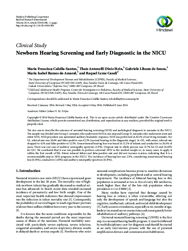 (PDF) Newborn Hearing Screening and Early Diagnostic in the NICU