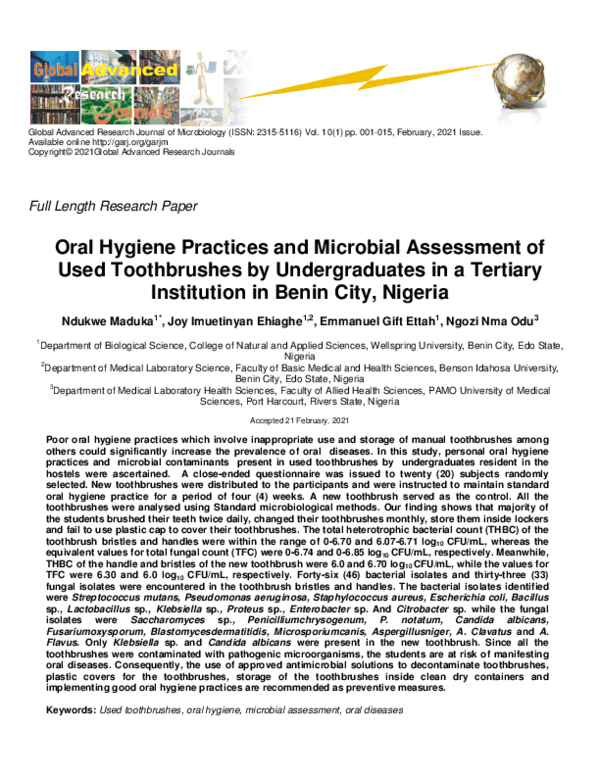 (PDF) Oral Hygiene Practices and Microbial Assessment of Used ...
