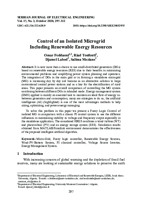 (PDF) Control of an isolated microgrid including renewable energy resources