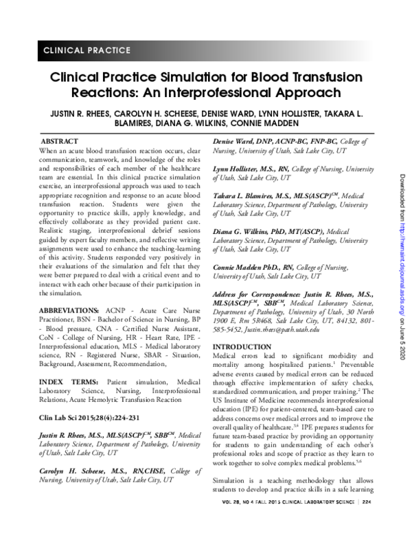 (PDF) Clinical Practice Simulation for Blood Transfusion Reactions An