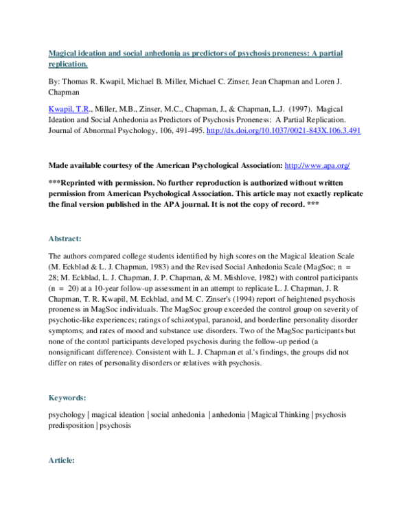 (PDF) Magical ideation and social anhedonia as predictors of psychosis ...