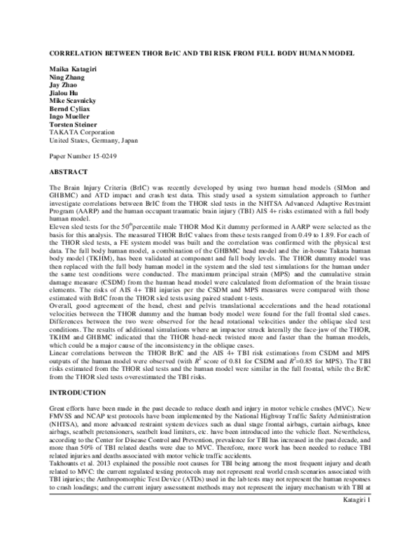 (PDF) Correlation between THOR BrlC and TBI Risk from Full Body Human Model