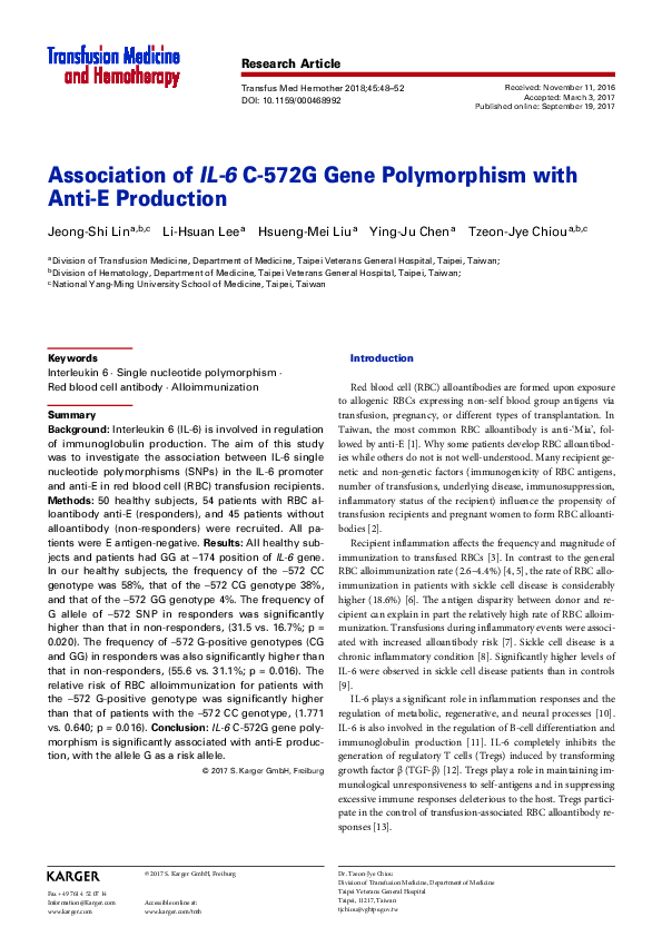 (PDF) Association of IL-6 C-572G Gene Polymorphism with Anti-E Production