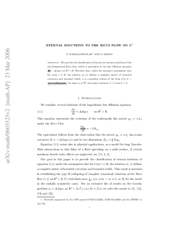 (PDF) Eternal solutions to the Ricci flow on R2