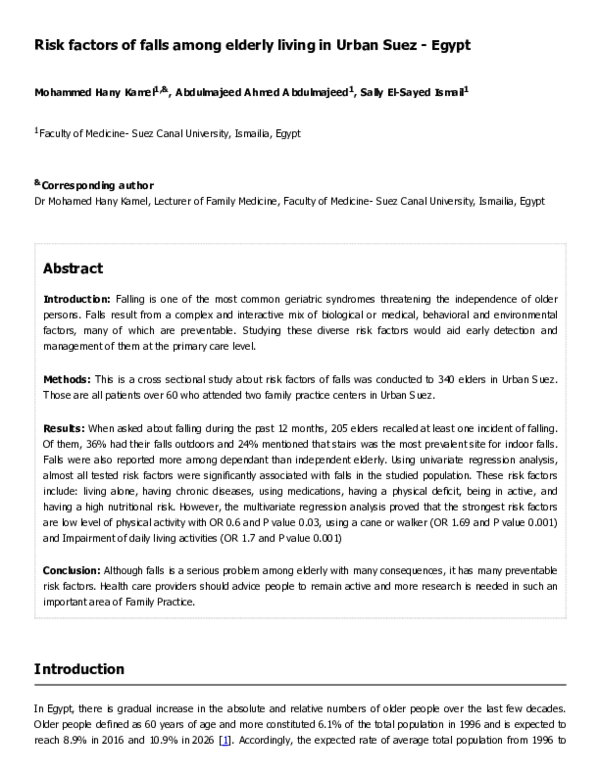 (PDF) Risk factors of falls among elderly living in Urban Suez - Egypt