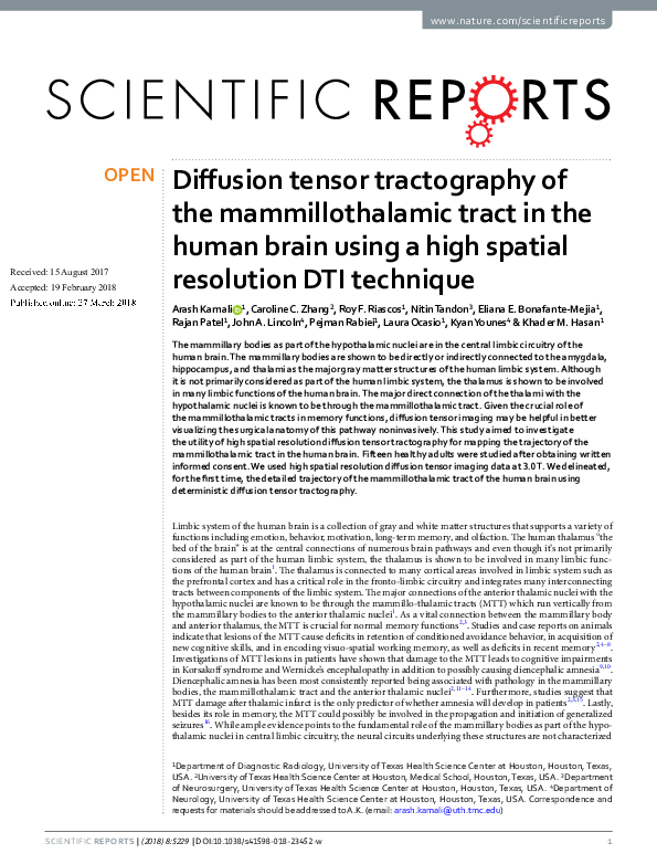 (PDF) Diffusion tensor tractography of the mammillothalamic tract in ...