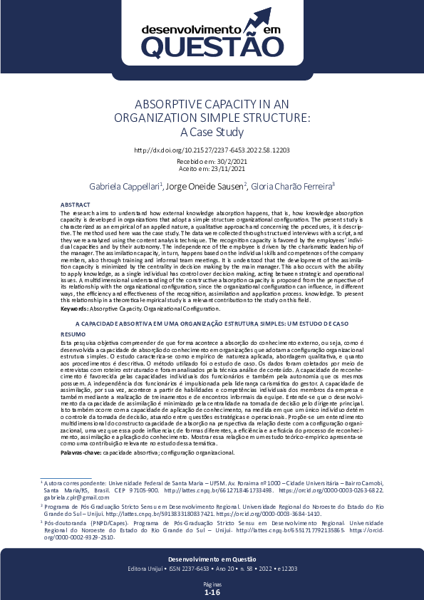 (PDF) Absorptive Capacity in an Organization Simple Structure: a case study