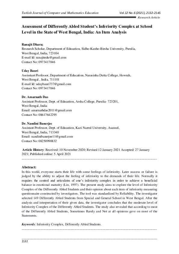 (PDF) Assessment of Differently Abled Student’s Inferiority Complex at ...