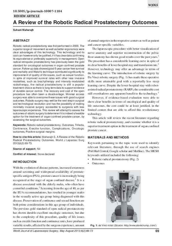 (PDF) A Review of the Robotic Radical Prostatectomy Outcomes