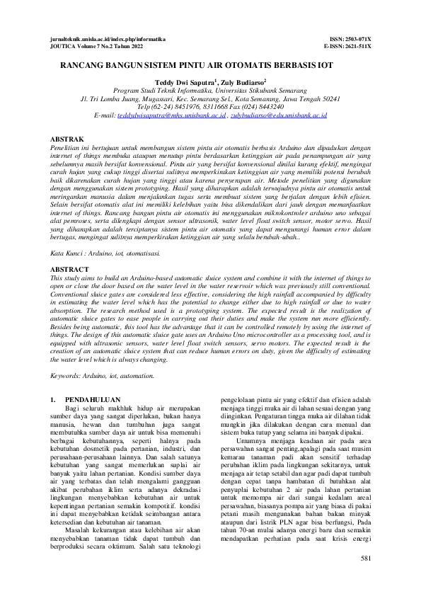 Pdf Rancang Bangun Sistem Pintu Air Otomatis Berbasis Iot