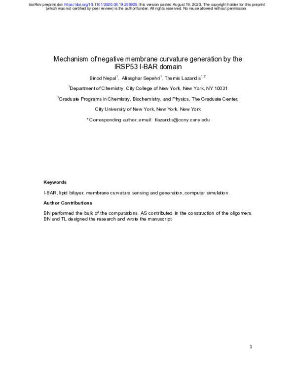 (PDF) Mechanism of negative membrane curvature generation by I-BAR domains