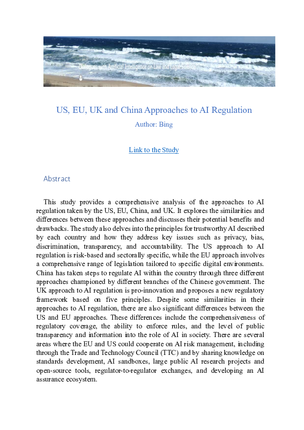 (PDF) Bing. 2023. US, EU, UK and China Approaches to AI Regulation. 42 pp.
