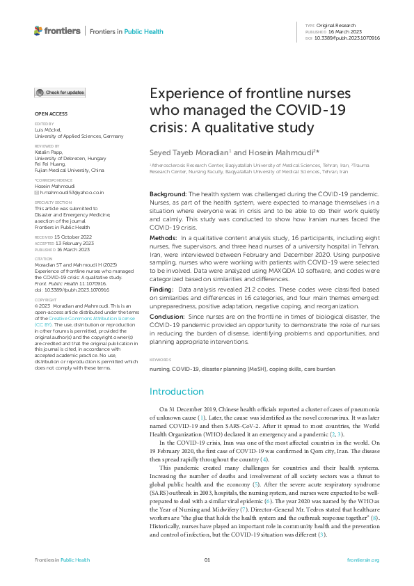 (PDF) Experience of frontline nurses who managed the COVID-19 crisis: A ...