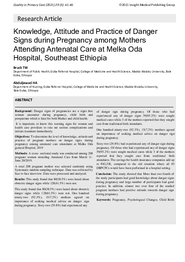(PDF) Knowledge, attitude and practice of danger signs during pregnancy ...