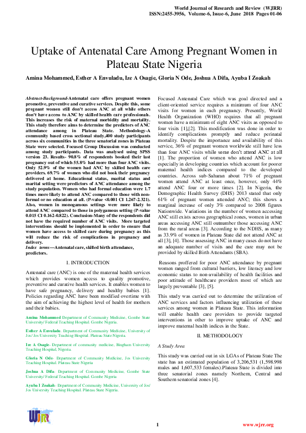 (PDF) Uptake of Antenatal Care Among Pregnant Women in Plateau State ...
