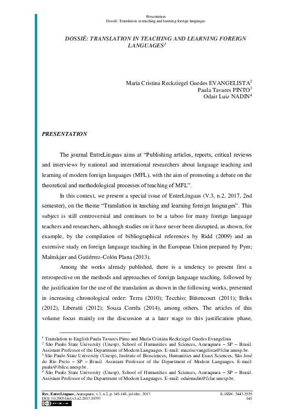 (PDF) Presentation Dossiê: Translation in teaching and learning foreign ...