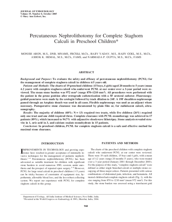 (PDF) Percutaneous Nephrolithotomy for Complete Staghorn Calculi in ...