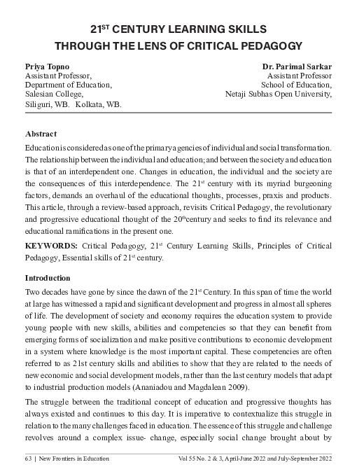 (PDF) 21 ST CENTURY LEARNING SKILLS THROUGH THE LENS OF CRITICAL PEDAGOGY