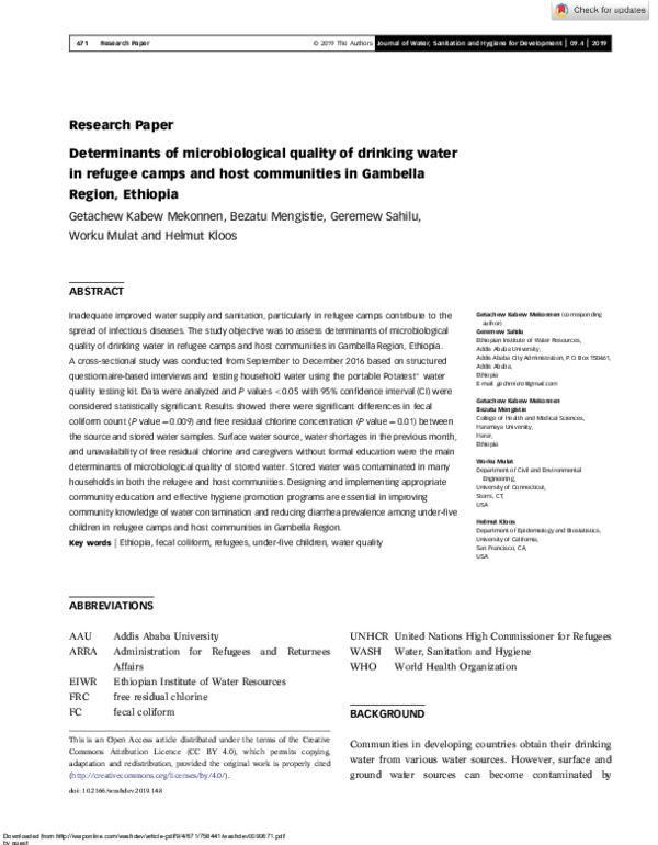 (PDF) Determinants of microbiological quality of drinking water in ...