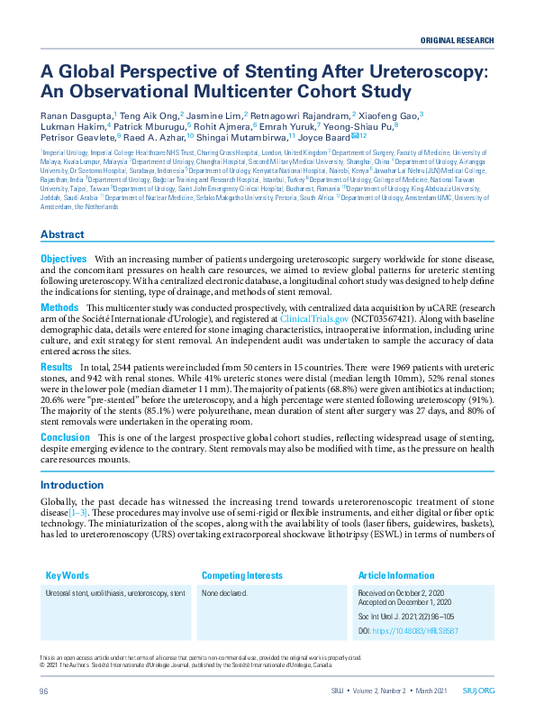 (PDF) A Global Perspective of Stenting after Ureteroscopy: an ...