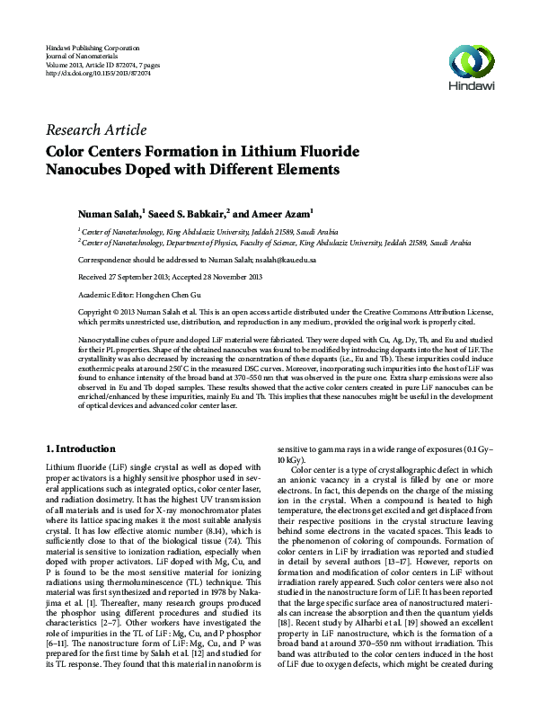(PDF) Color Centers Formation in Lithium Fluoride Nanocubes Doped with ...