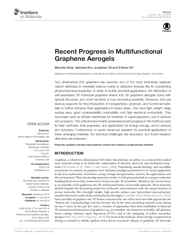 (PDF) Recent Progress in Multifunctional Graphene Aerogels