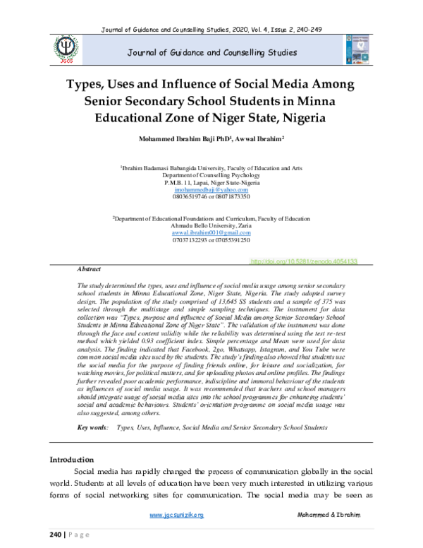 (PDF) Types, Uses and Influence of Social Media Among Senior Secondary ...