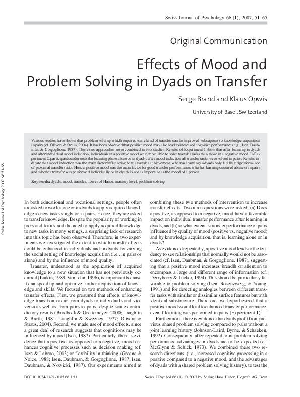 (PDF) Effects of Mood and Problem Solving in Dyads on Transfer