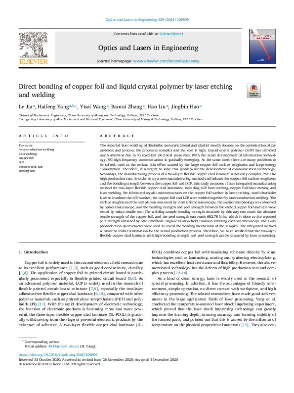 (PDF) Direct bonding of copper foil and liquid crystal polymer by laser ...